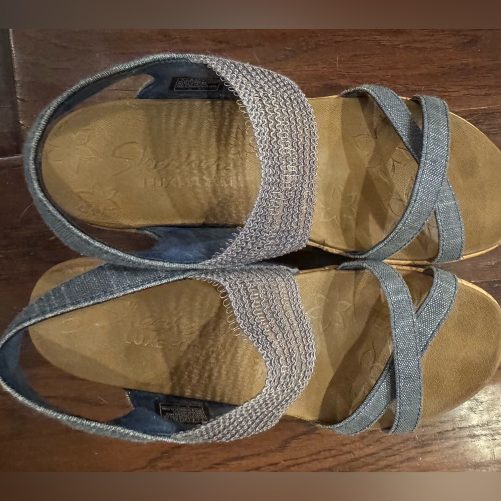 Skechers Luxe Foam Comfort Wedge Sandals Cork Heel Navy Blue Size 7 - Picture 3 of 6
